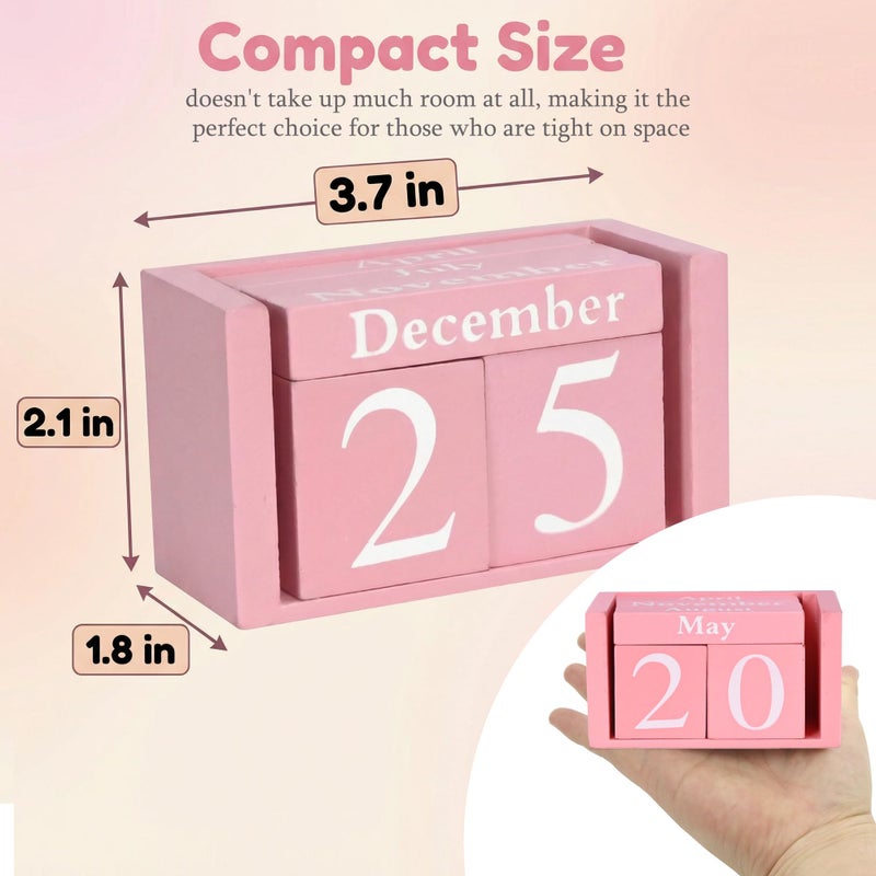 MICKYU Perpetual Wooden Desk Calendar - Pink Farmhouse Decor Block Calendar for Office, Home & Gifts - Reusable Daily Date Display - Image 3